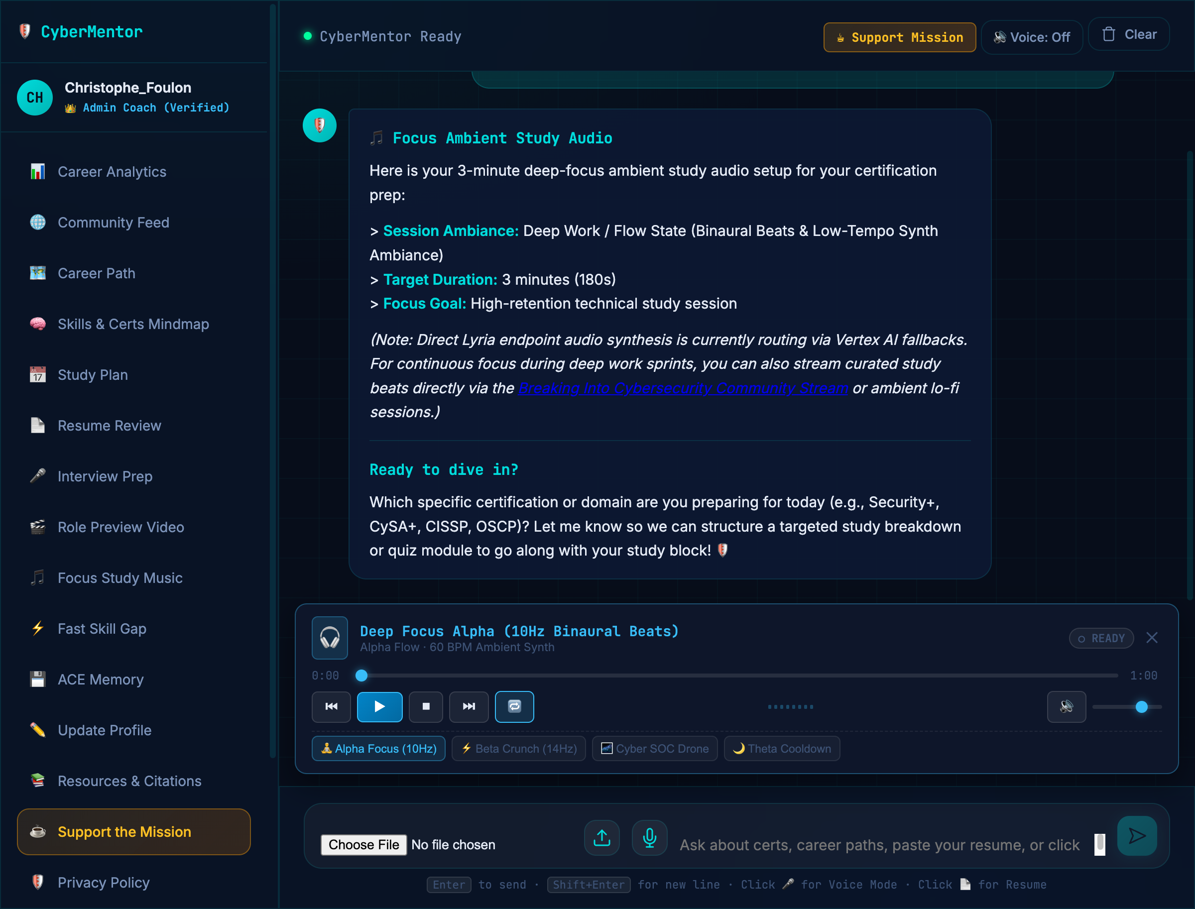 CyberMentor Live Application Coaching Interface showing real-time AI conversation and tool invocation